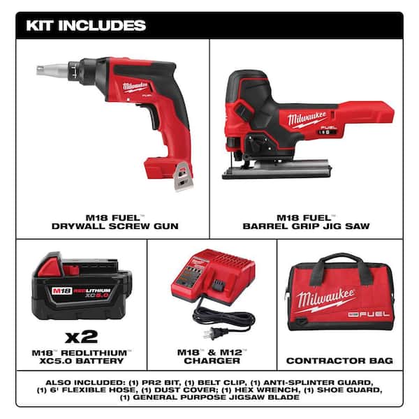 M18 FUEL 18V Lith-Ion Brushless Cordless Drywall Screw Gun Kit w/ (2) 5. 0Ah Batteries, Charger and Jig Saw