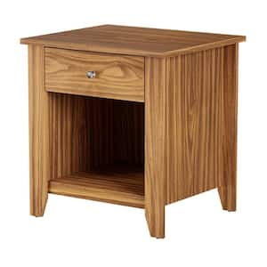 20 in. Wide Brown Woodgrain Square Wooden End Table with Drawer and Silver Handle