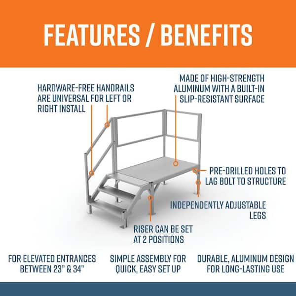 FORTRESS 23 in. to 34 in. H OSHA Compliant Aluminum 3-Riser Stair System with Platform