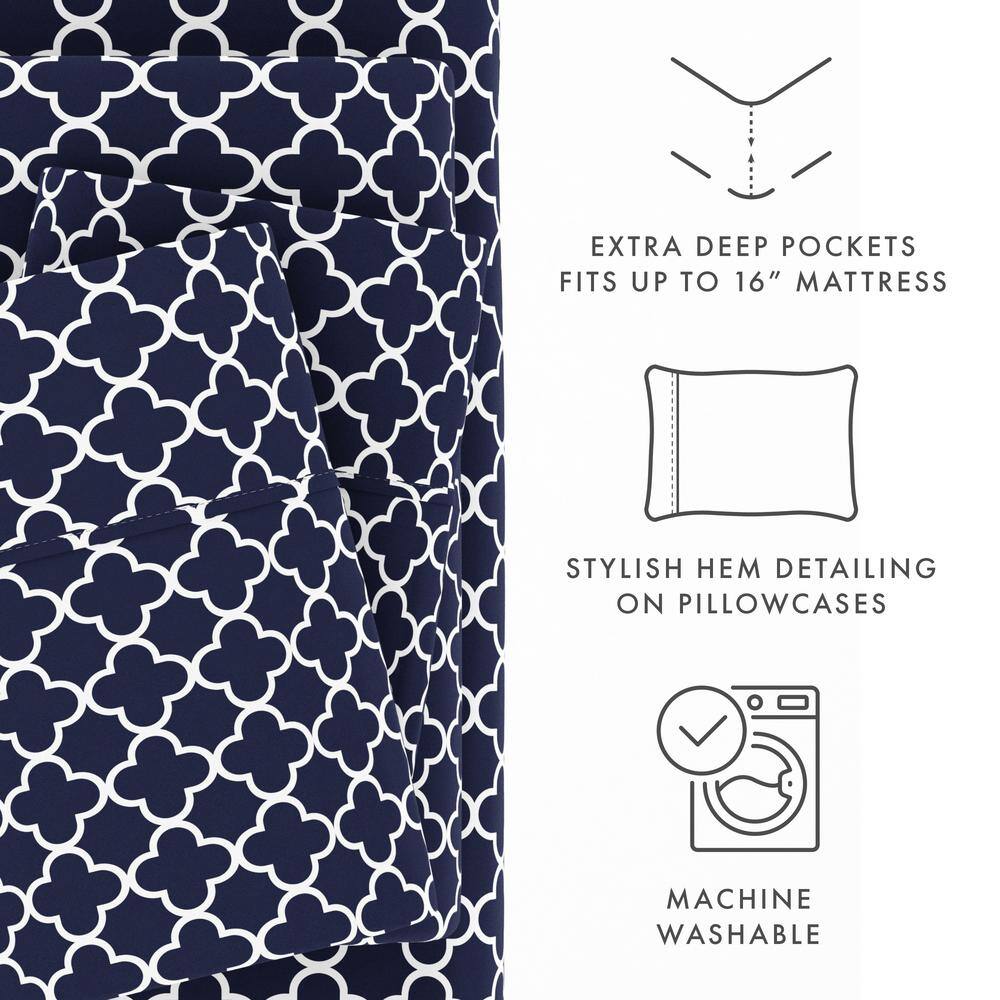 Navy Quatrefoil Microfiber Queen Sheet Set