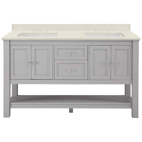 Home Decorators Collection Gazette 61 in. W x 22 in. D x 35 in. H Double Sink Freestanding Bath Vanity in Grey with Ice Storm Quartz Top