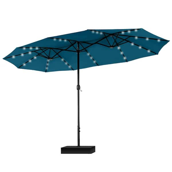 15 ft. Market Patio Umbrella with Lights Base and Sandbags in Lyons Blue