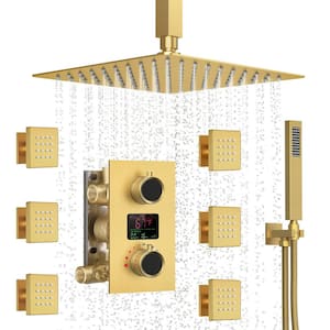 Thermostatic 3-Spray 12 in. Square Shower Head High Pressure Shower System with LCD Display and Valve in Brushed Gold
