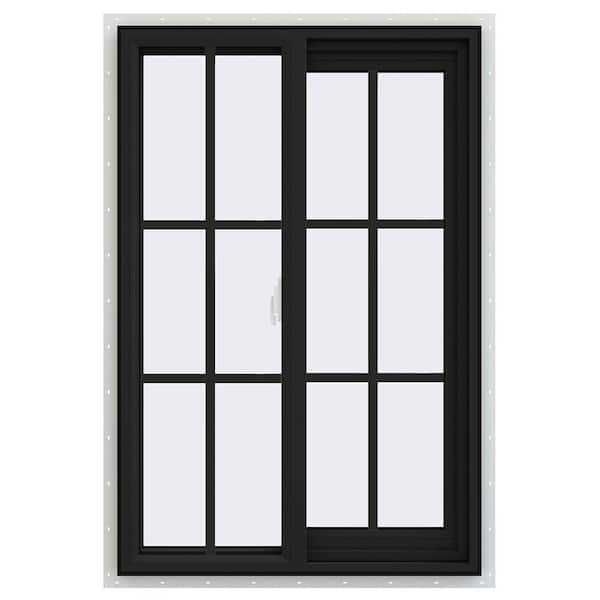 24 in. x 36 in. V-2500 Series Bronze Exterior/White Interior FiniShield Vinyl Right-Handed Sliding Window Colonial Grids