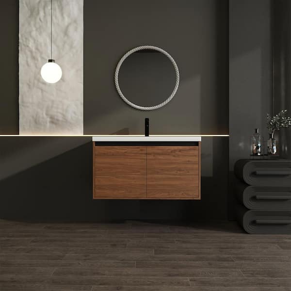 18.11 in. W x 35.43 in. D x 20.47 in. H 1-Sink Wall Mounted Bath Vanity in Brown with White Resin Top