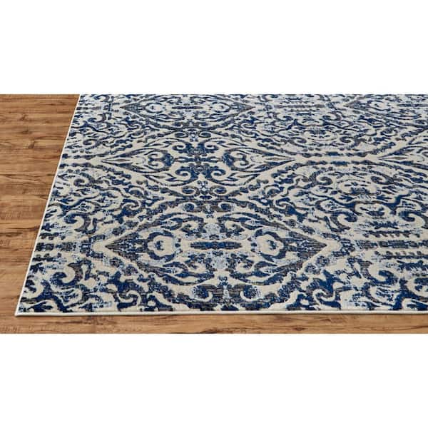 Blue and Ivory Floral 9 ft. Round Area Rug