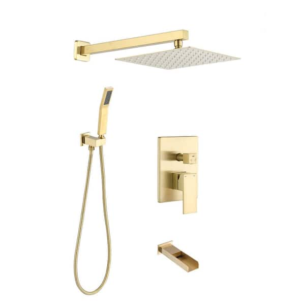 Pdpbath Single Handle 1-Spray Tub and Shower Faucet 2.5 GPM with Handheld Shower in Brushed Gold (Valve Included)