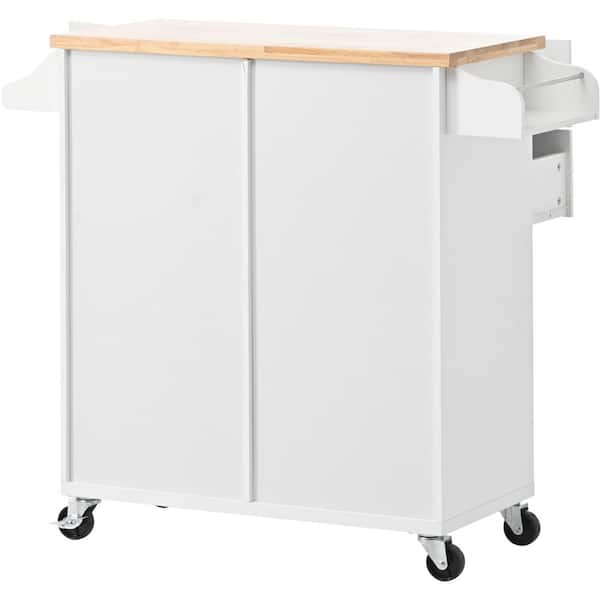 JimsMaison White Rubberwood Kitchen Cart with Drop Leaf, Internal Storage Rack, Towel Holder, Spice Rack, and 2 drawers