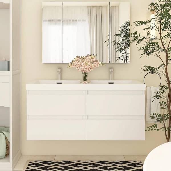 Boosicavelly 47 in. W x 19.5 in. D x 22.5 in. H Double Sink Wall-Mounted Bath Vanity in White with White Resin Top