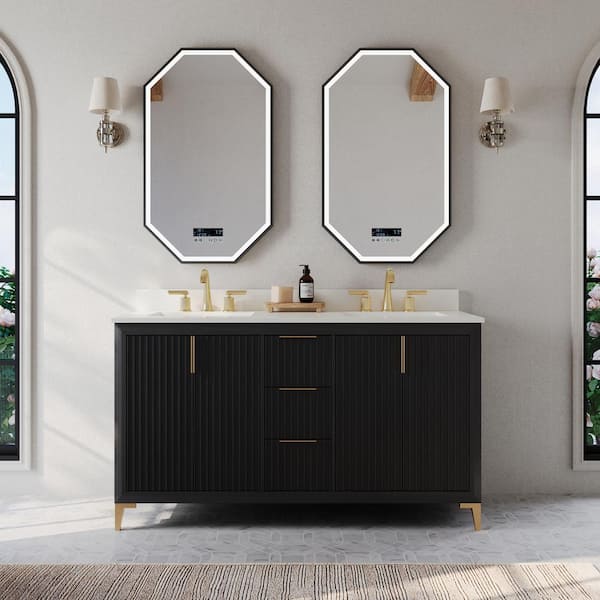 Turlington 60 in. W Double Sink Freestanding Bath Vanity in Black Oak with White Quartz Top