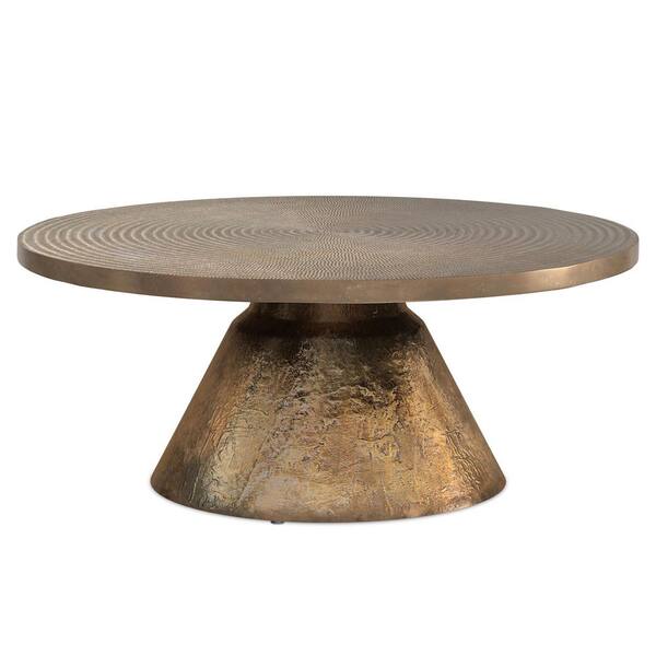 Simpli Home Michelle 36 in. Wide Round Contemporary Metal Cast Aluminum Coffee Table in Vintage Brass, Fully Assembled