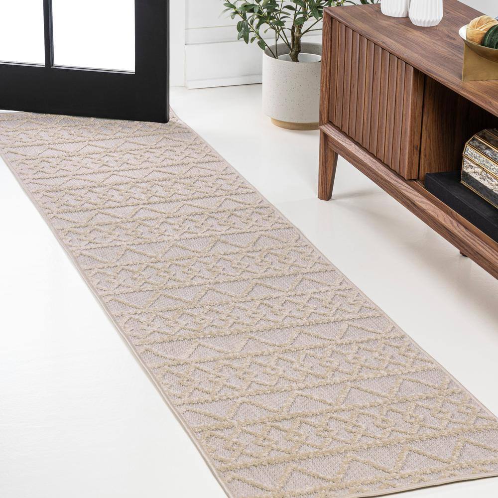 Beige Geometric High-Low Pile Indoor/Outdoor Runner Rug
