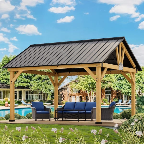 15 ft. x 13 ft. Outdoor Patio Solid Cedar Wood Hardtop Gazebo with Black Galvanized Steel Peak Roof and Ceiling Hook