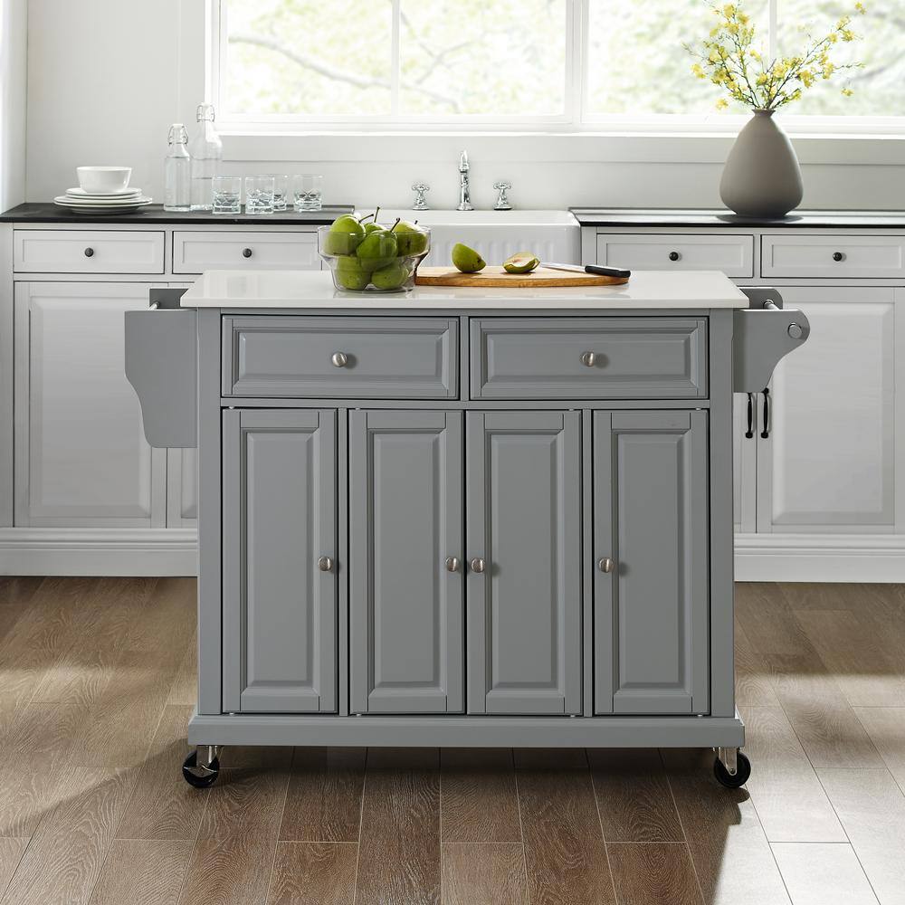 Gray Granite Top Kitchen Cart with Storage and Spice Rack