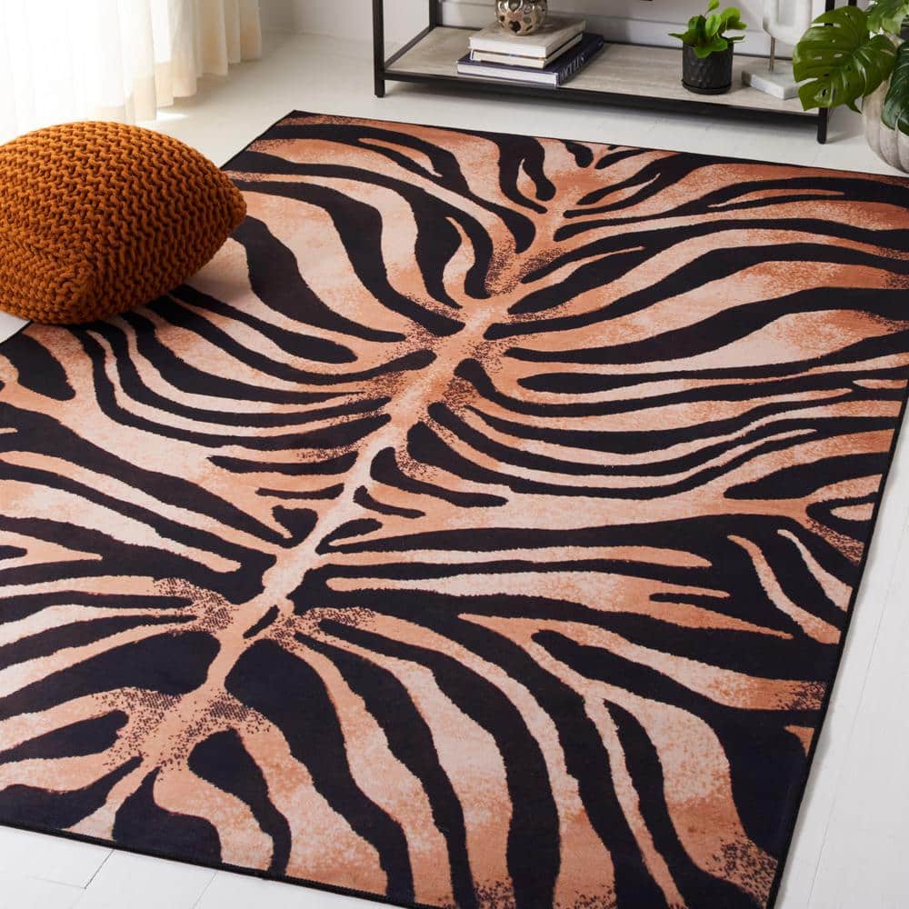 Black and Light Orange Faux Fur 6' x 9' Washable Rug