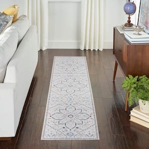 57 Grand Machine Washable Ivory Blue 2 ft. x 8 ft. Center Medallion Contemporary Runner Area Rug