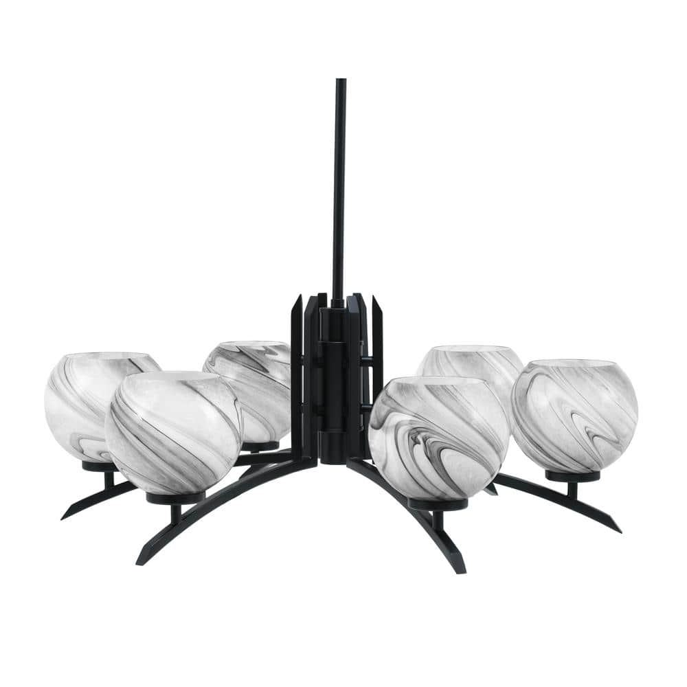 Siena 6-Light Matte Black Chandelier, Round Chandelier with Onyx Swirl Glas