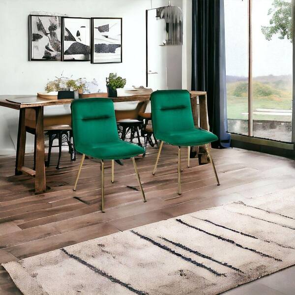 HomeRoots Tufted Green And Gold Upholstered Velvet Side Chair Set of 2 2000548963 The Home Depot