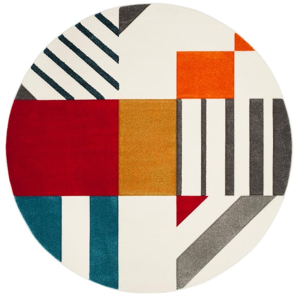 SAFAVIEH Hollywood Ivory/Peacock Blue 7 ft. x 7 ft. Round Abstract Area Rug