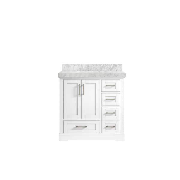 Willow Collections Boston 36 in. W x 22 in. D x 36 in. H Single Sink Bath Vanity Center in White with 2" Carrara Marble Top