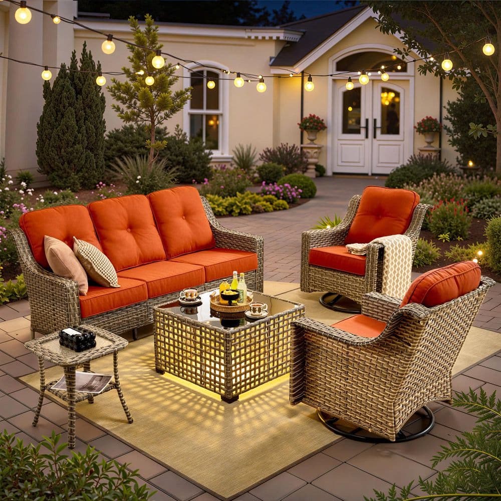 Palffy Gray 5-Piece Wicker Patio Conversation Seating Set with Orange Red Cushions and Solar LED Coffee Table