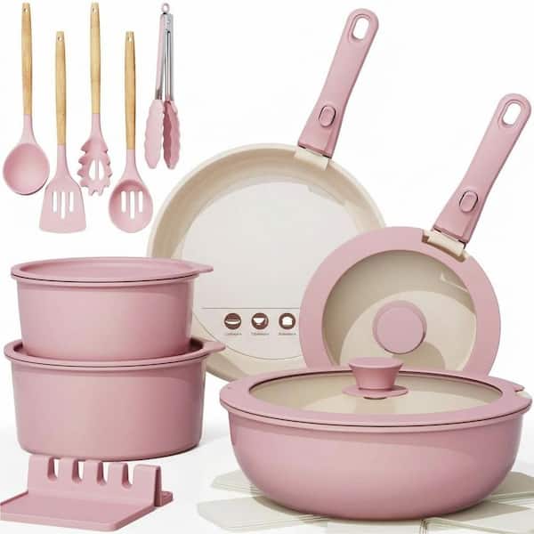 21-Piece Pink Aluminum Ceramic Nonstick Cookware Set with Removable Handles Stackable Induction Oven Safe