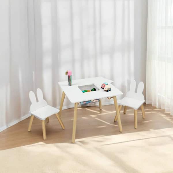 Karl home 3-Piece Square MDF Top White Kids Table and Chairs Set with Storage and Removable Tabletop