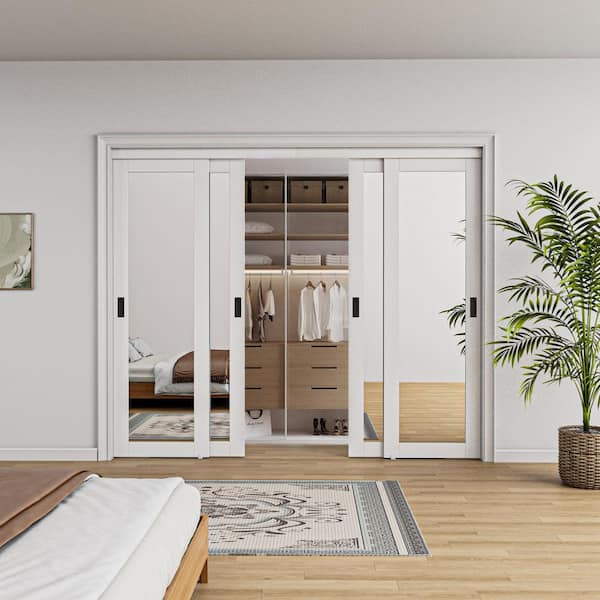96 in. x 96 in. Solid Core 1-Lite Mirror White Primed MDF Interior Closet Sliding Door with Hardware and Black Handle