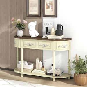 52 in. Beige Rectangle Long Sofa Table Retro Curved Wood Console Table w/Open Shelf Drawers