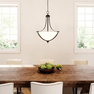3-Light Bronze Pendant with White Frosted Glass Shade