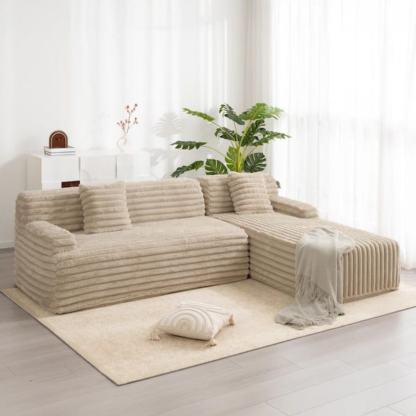 110 in. Faux Rabbit Fur Fabric Sponge Sectional Sofa in. Coffee with 2 Throw Pillows, No Assembly Required