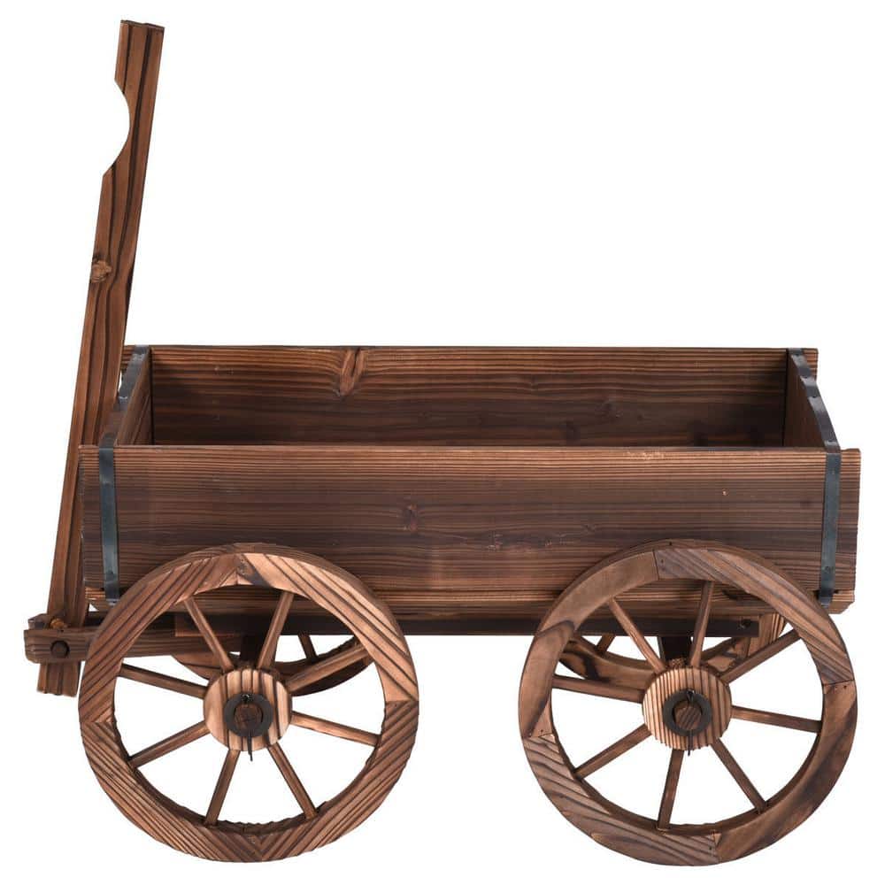 FORCLOVER 17 in. W Brown Wooden Wagon Planter Pot Stand with Wheels CTWOP3045 The Home Depot