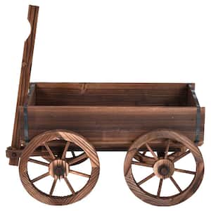 17 in. W Brown Wooden Wagon Planter Pot Stand with Wheels
