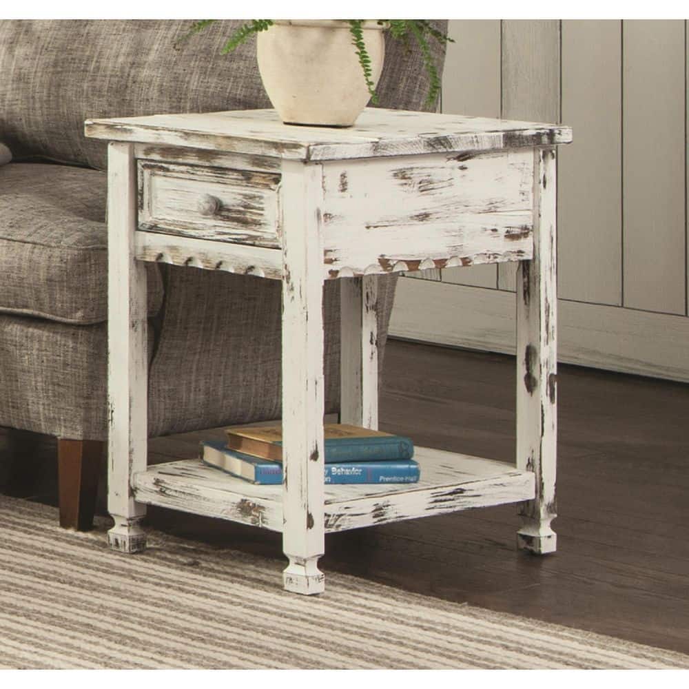 Rustic White Distressed Wood Chairside Table with Storage