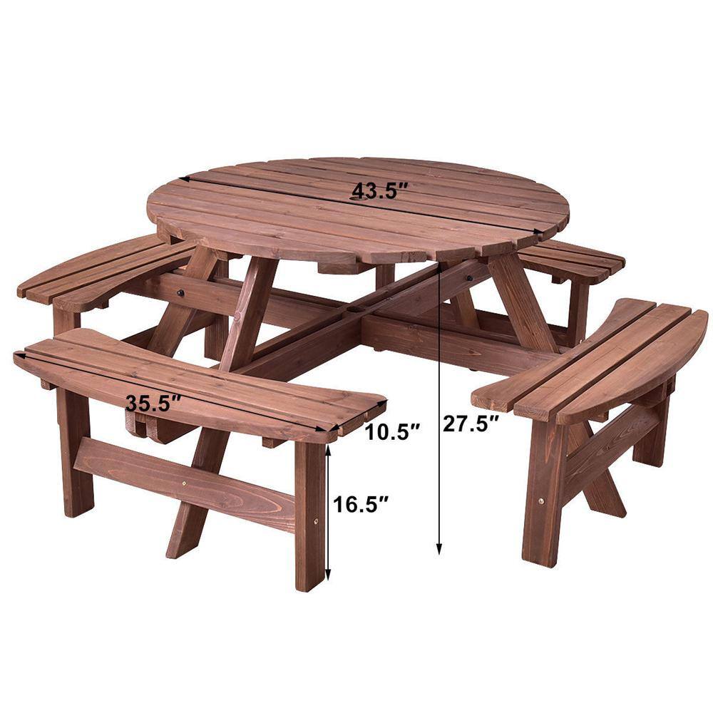 Brown Fir Wood Round Picnic Table Set with Umbrella Hole