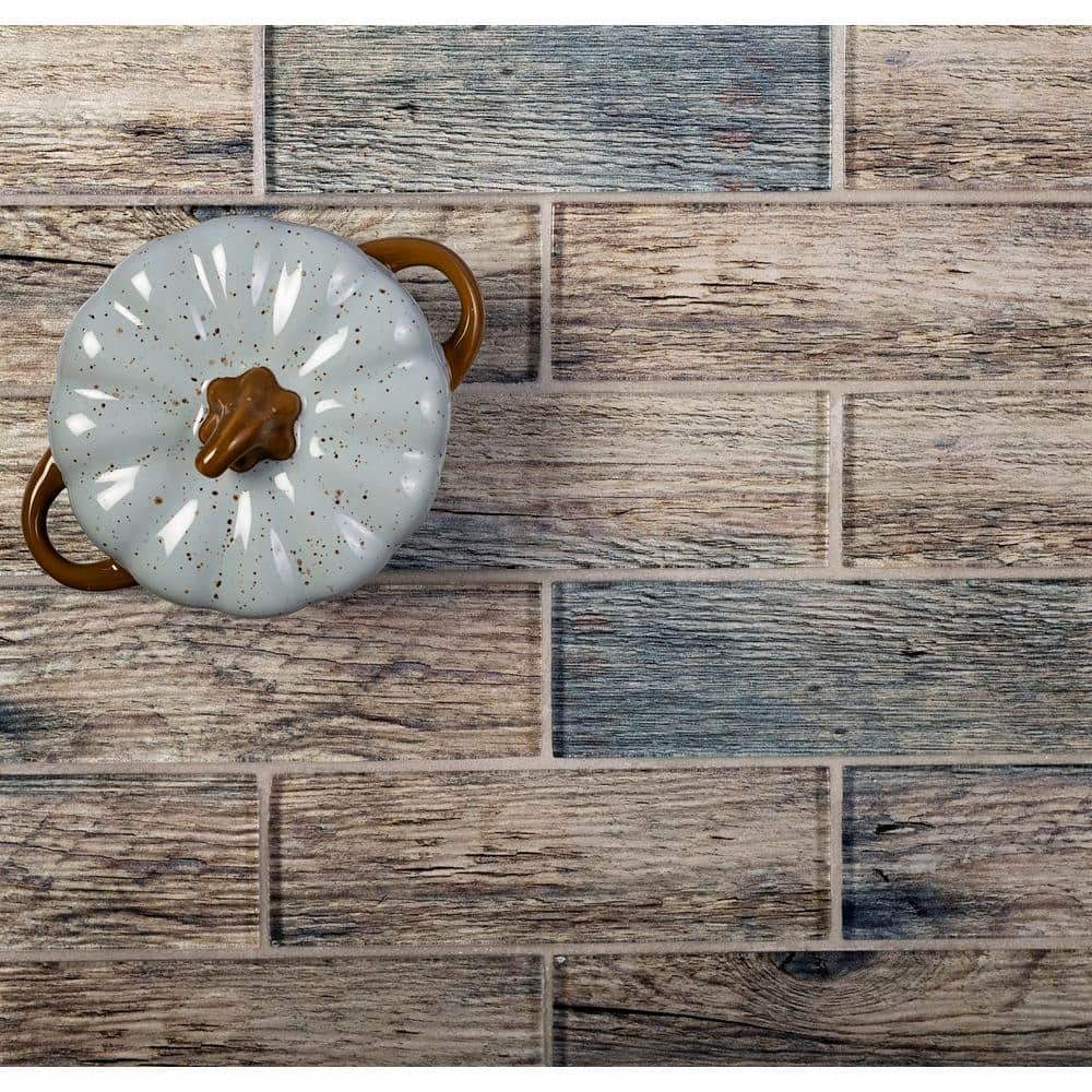 Wooden Brown and Blue Polished Glass Subway Mosaic Tile