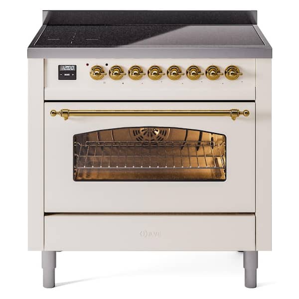 ILVE Nostalgie II 36 in. 6 Zone Freestanding Induction Range in Antique White with Brass