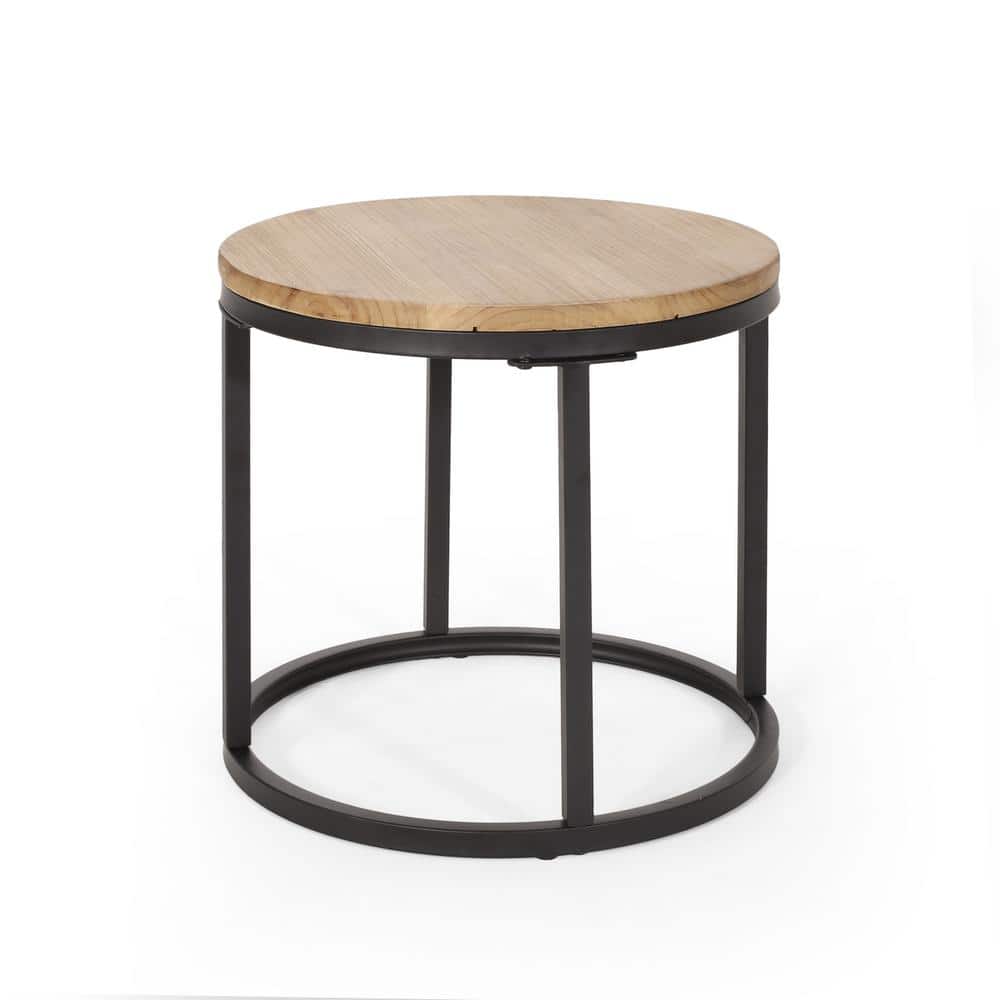 Antique Brown and Black Round Fir Wood and Metal Nesting Coffee Tables Set