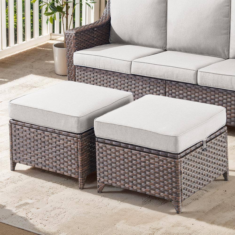 SlideArm Metal and Brown Wicker Outdoor Ottoman with Olefin Beige Cushion (2-Pack)