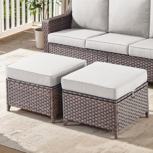 SlideArm Metal and Brown Wicker Outdoor Ottoman with Olefin Beige Cushion (2-Pack)