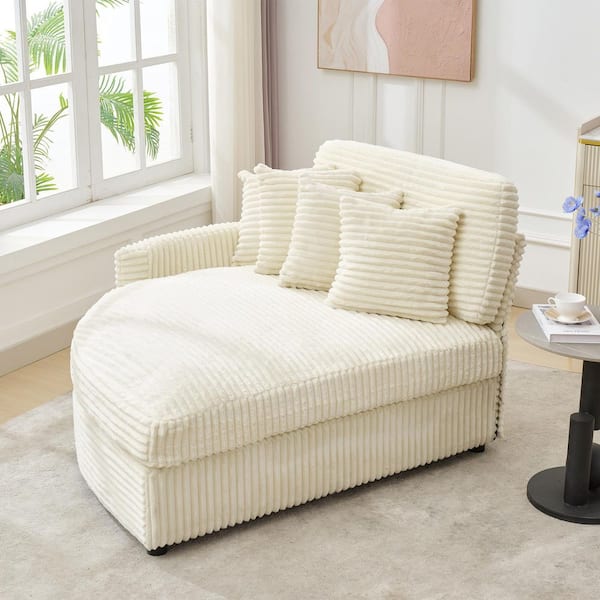 Beige Corduroy Upholstered Velvet Left Side Chaise Lounge with Pillow