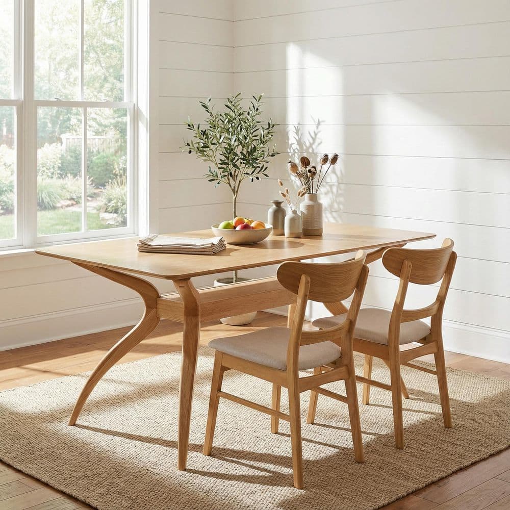 Mid-Century Modern Rectangular Natural Wood 35.5 in. Solid Rubber Wood Curved 4-Legs Dining Table Seats 6