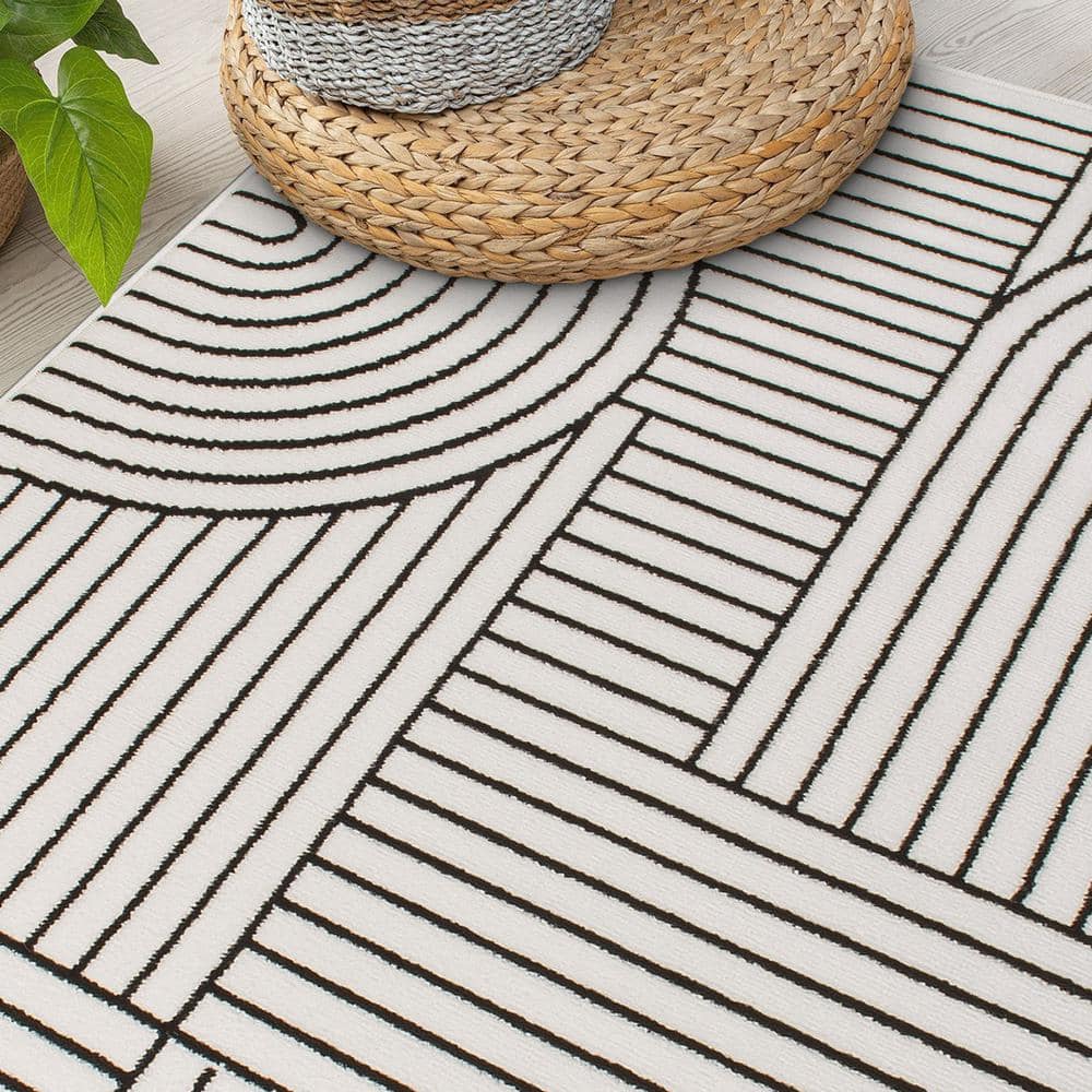 Cream and Black Abstract Synthetic Runner Rug, 2'x7'