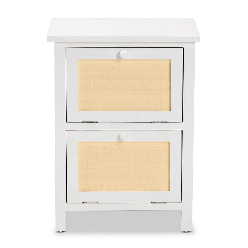 Sariah Wood Rattan 2 Door Nightstand White - Baxton Studio: Bohemian Style, Bedside Storage, No Assembly Required