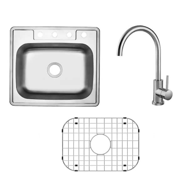 25 in. Drop-In Single Bowl 20-Gauge Stainless Steel Kitchen Sink Combo with Single Handle Faucet