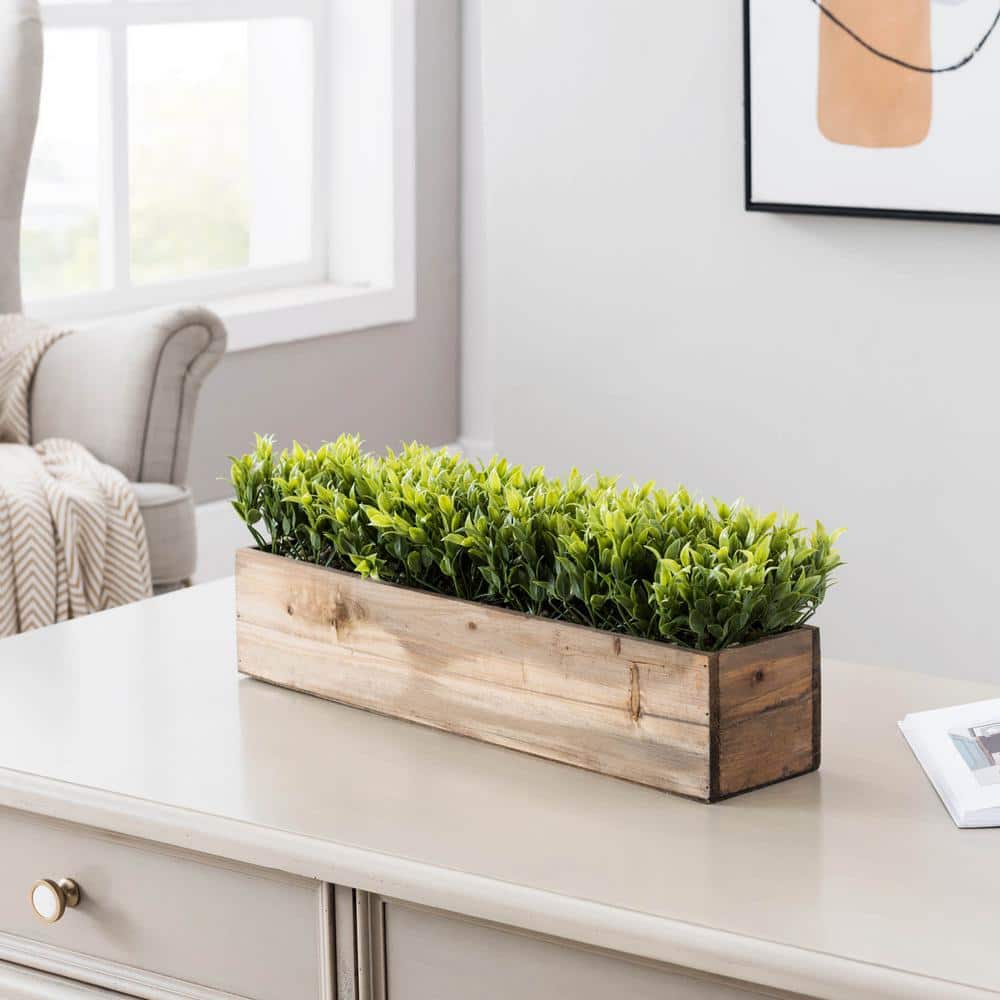 Decorative Indoor Artificial Boxwood Shrub In Wood Box