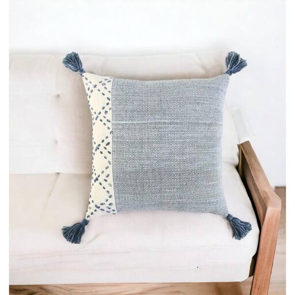 HomeRoots Blue, Ivory Solid Polyester 20 in. x 20 in. Throw Pillow