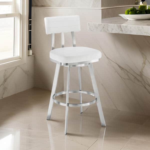 Benjara 30 in. White and Chrome Low Back Metal Frame Bar Stool with Faux Leather Seat