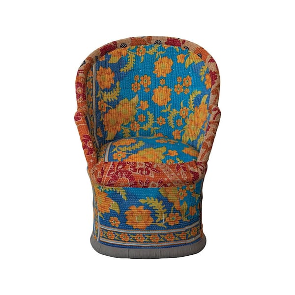 Storied Home Multicolor Cotton Kantha Cane Upholstered Chair