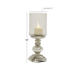16 in. Silver Glass Handmade Turned Style Pillar Hurricane Lamp